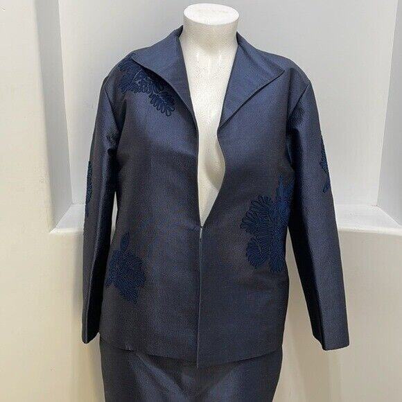 Linda Allard By Ellen Tracy Navy Women's Silk Jacket & Skirt Set Size 12/14 - Picture 12 of 16